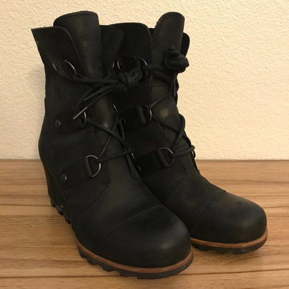 Sorel Shoes - Sorel Joan of Arctic Black Leather Nubuck Hidden Wedge Boots NL2173-011 Size: 9